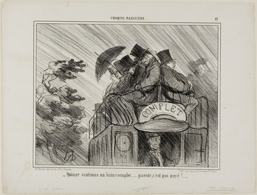 “- Just 15 cents for a full bath.... what a deal!,” plate 12 from Croquis Parisiens