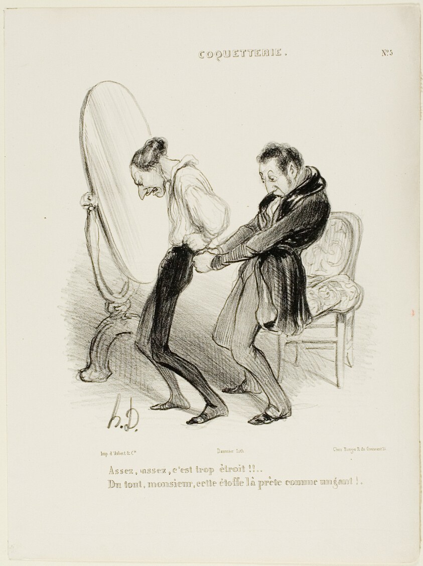“- Enough, enough, it's much too tight!! - But not at all, Monsieur, this fabric suits you like a glove!”, plate 5 from Coquetterie