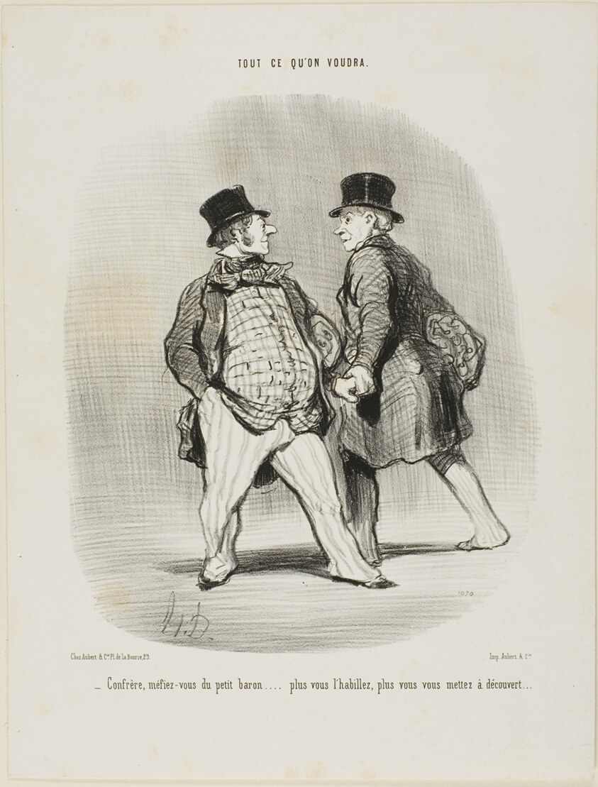 “- Beware my friend of the little baron... the more you dress him the less secured you will be,” plate 49 from Tout Ce Qu'on Voudra