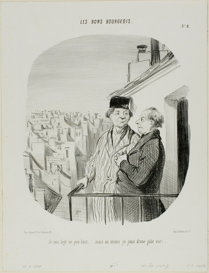 “I am living a little high up... but at least I am enjoying a beautiful view,” plate 8 from Les Bons Bourgeois