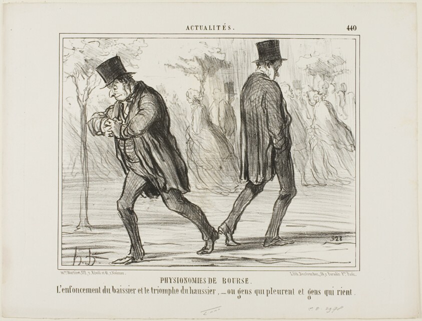 Physiognomy of the Stock Exchange. The despair of the baissier and the triumph of the haussier - or crying and laughing, plate 440 from Actualités