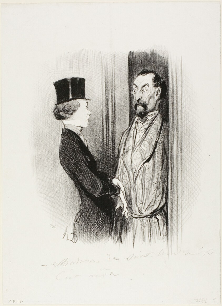 The Rendez-Vous. “- Madame Eudoxie Blancminet? - That's me, Monsieur... what can I do for you?,” plate 44 from Les Beaux Jours De La Vie