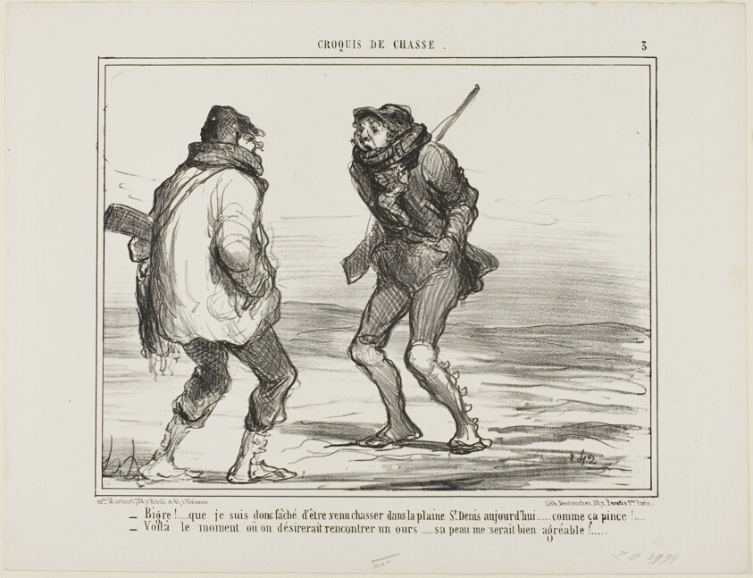 “- Brrrr! I am furious that I came here to hunt in the St. Denis-Plain. It's just too cold!… - One of those days when you would love to catch a bear. His fur would be more than welcome right now!,” plate 3 from Croquis De Chasse
