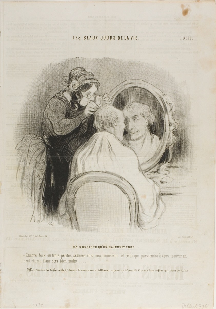 An Exaggerated Rejuvenation. “Just two or three sessions with me, Monsieur, and anyone who still claims to find a grey hair on you, is a malicious person.” As a matter of fact, since the end of the second session, Monsieur's head looks as shiny as that of a newborn baby, plate 52 from Les Beaux Jours De La Vie