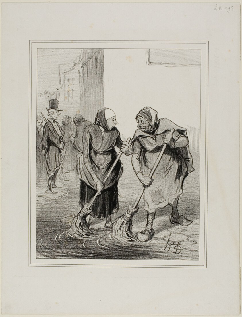 “- Say then, Madme. Giboulard … don't you agree that it is not very pleasant for women of our gender, to come down like this everyday, cleaning the gutters of St. Honoré … - That's true, Madame Chaffarou, but we can also praise ourselves of being the only ones to embellish Paris!,” plate 75 from Caricatures Du Jour