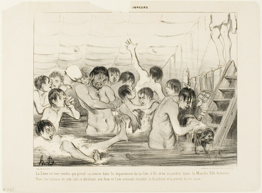 The source of the Seine is the Cote d'Or, and it empties into the Channel. On its way it traverses Paris where the inhabitants escape the summer's heat and try to find freshness and purity in this river, plate 3 from Les Baigneurs