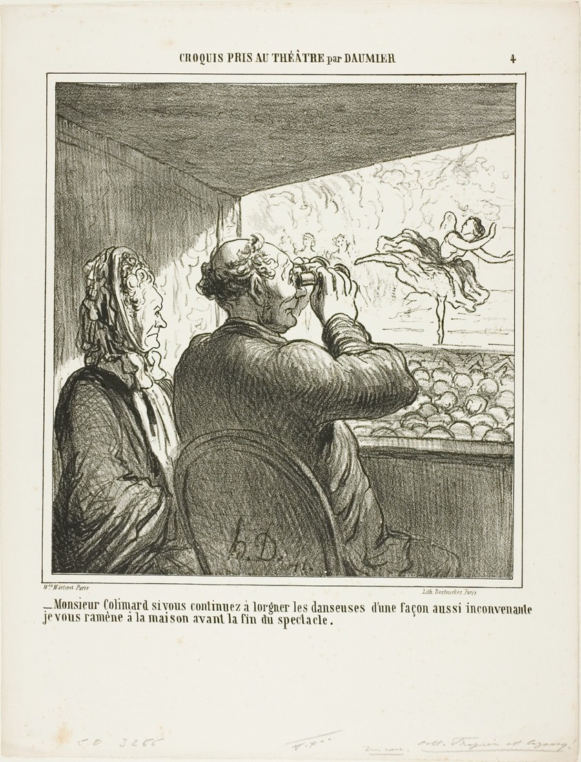 “- Mr. Colimard, if you don't stop immediately ogling the dancers in such an unseemly manner, I will take you home before the end of the performance!,” plate 4 from Croquis Pris Au Théatre par Daumier