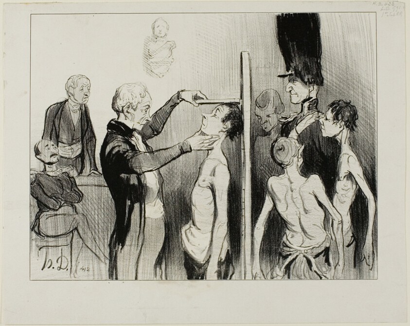 The Recruiting Board. “Isn't it a glorious sight: these noble young Frenchmen full of ardour, strength and elegance ready to defend their honour under the flags of Mars,” plate 35 from Caricatures Du Jour
