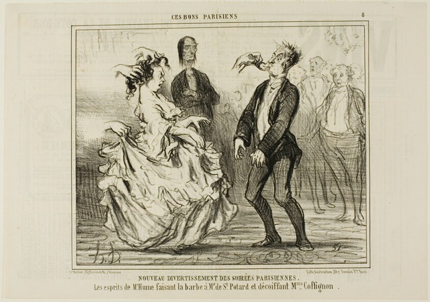 New Entertainment at the Parisian Evening Parties. The spirit of Mr. Hume shaving the beard of Monsieur de St. Potard and undoing the hair of Madame Coffignon, plate 8 from Ces Bons Parisiens