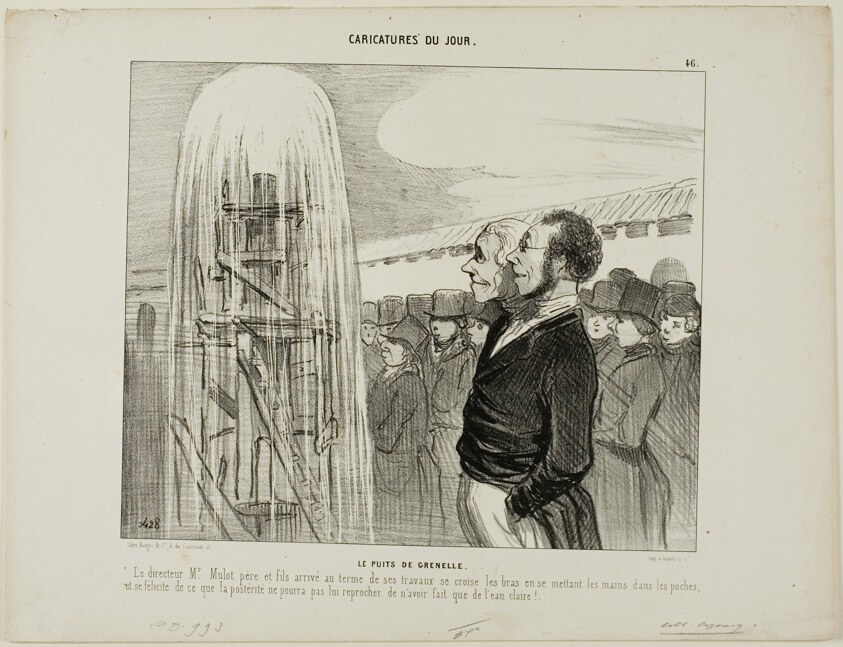 The Grenelle Wells. The director Mr. Mulot and his son finally reaching the end of their work, crossing their arms and putting their hands into their pockets and congratulating themselves that posterity will not be able to reproach them of not having produced clean water, plate 46 from Caricatures Du Jour
