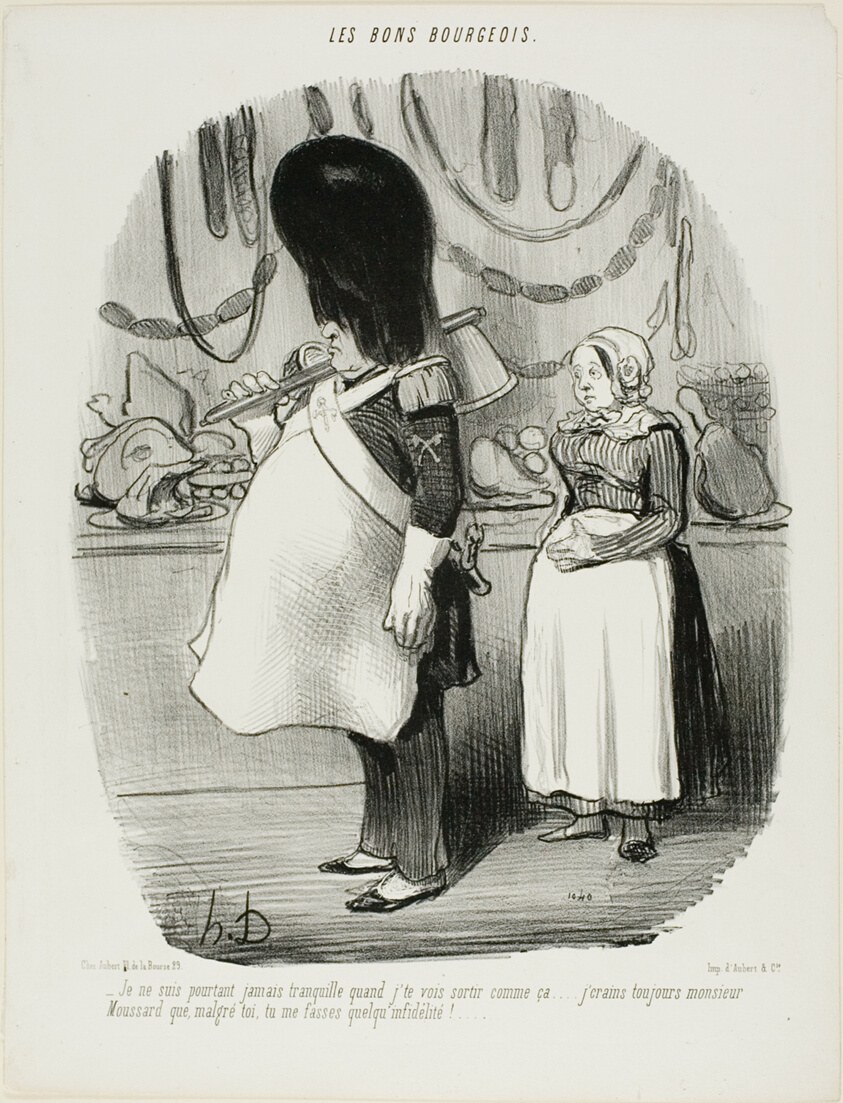 “- I'm never calm when I see you go out like this... I am always afraid, Monsieur Moussard, that you may be infidel,” plate 67 from Les Bons Bourgeois