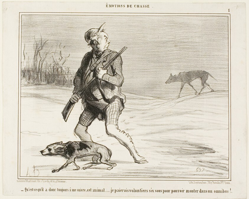 "- I wonder why this beast is following me all the time... I'll happily be paying 6 sous to jump on a bus," plate 1 from Émotions De Chasse