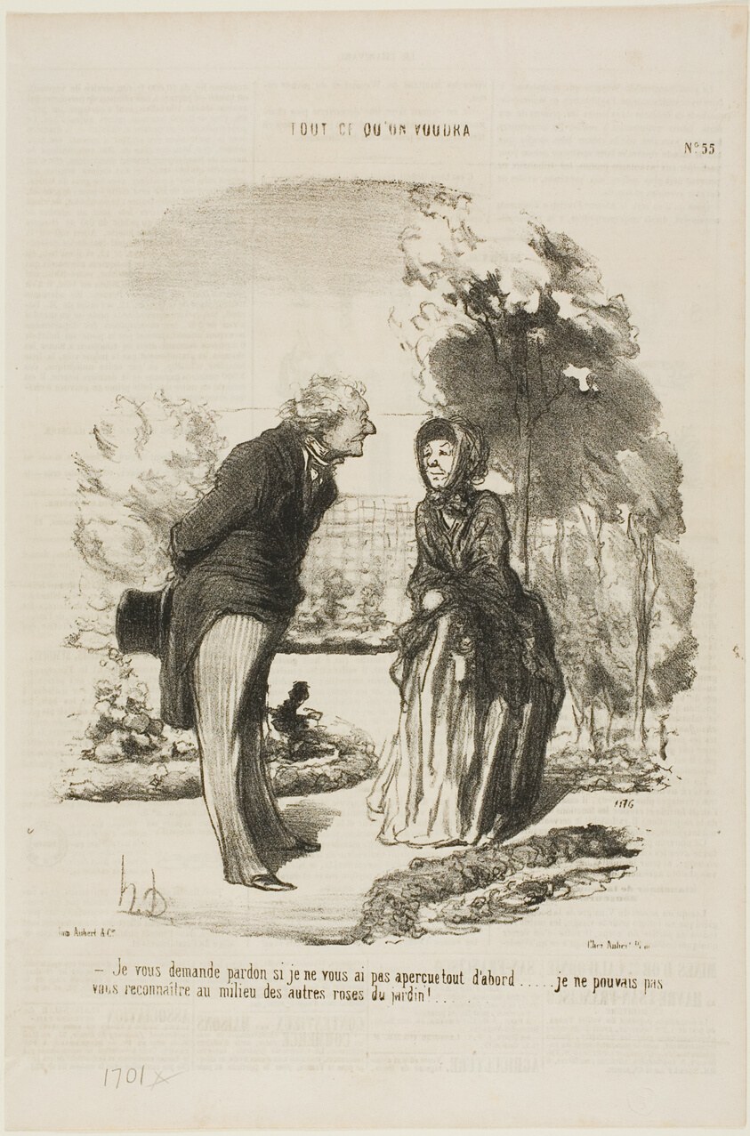 “- I am sorry that I did not recognize you right away. I could not distinguish you from all the other roses!,” plate 55 from Tout Ce Qu'on Voudra
