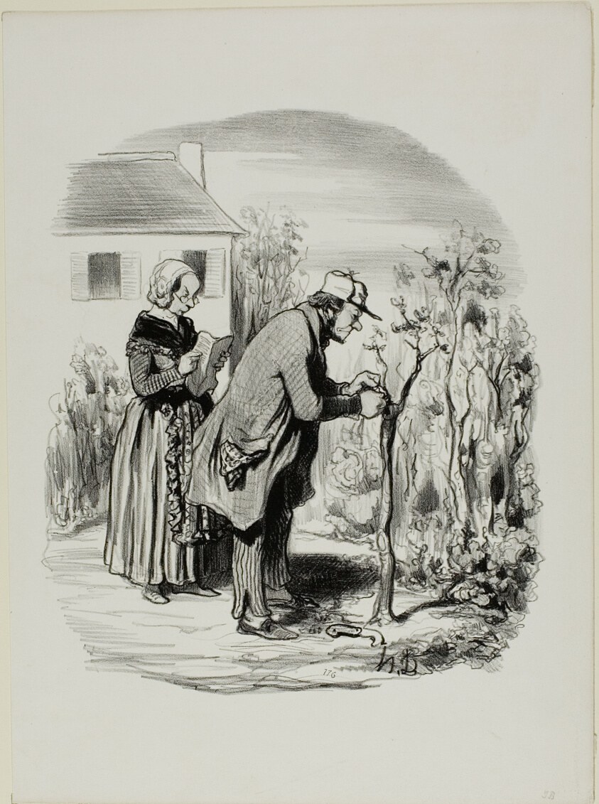 “- My graft of a cherry slip on an apricot tree really didn't take.... strange, ... after all, I followed exactly the instructions in the 'Manual of Useful Knowledge,'” plate 7 from Pastorales