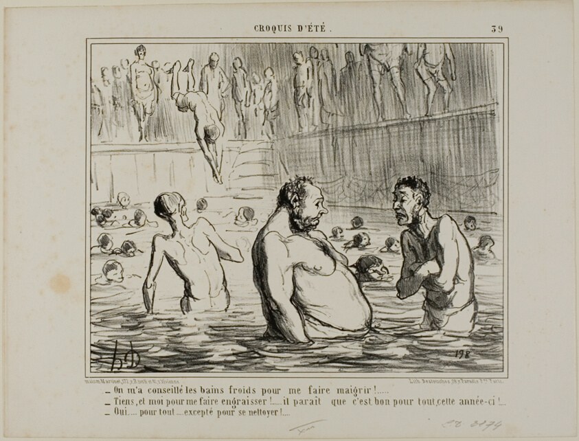 “- I was told to go to the cold batha to lose weight. - You don't say, I was just told the opposite. - Maybe they are good for everything this year! - True for everything, except cleanliness," plate 39 from Croquis D'été