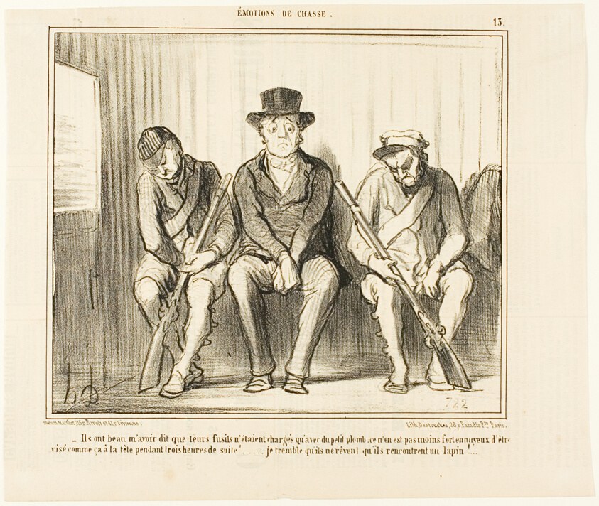 “- Inspite of all their assertions that their guns are only loaded with small shots, it is nonetheless annoying to be aimed at the head like this for three consecutive hours... I tremble at the thought that they might dream of an encounter with a rabbit...,” plate 13 from Émotions De Chasse