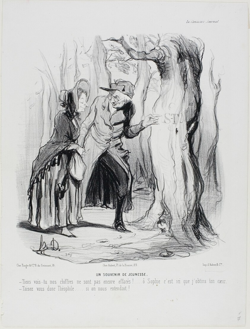 Youthful Memories. “- You see our letters have not yet been erased... oh Sophie, it was here that I gained your heart. - Hold your tongue now, Théophile.... if someone should hear us!,” plate 49 from Married Life