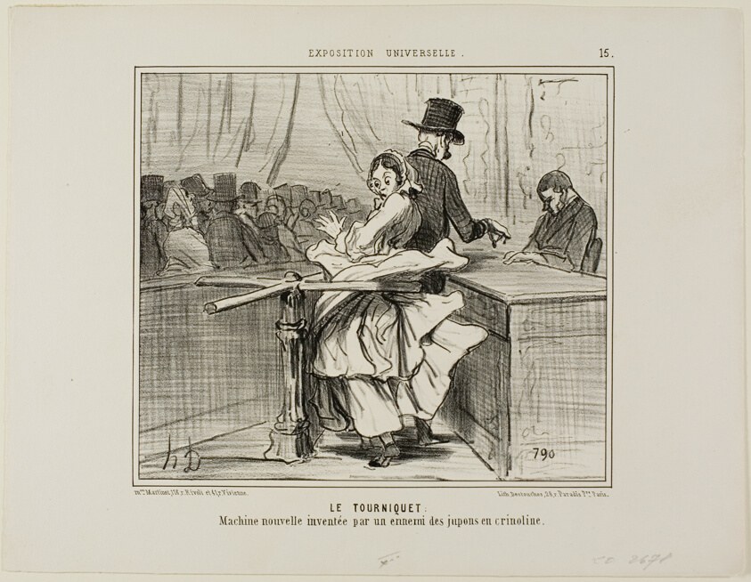 The Turnstile. A new machine invented by the enemy of crinoline petticoats, plate 15 from L'exposition Universelle