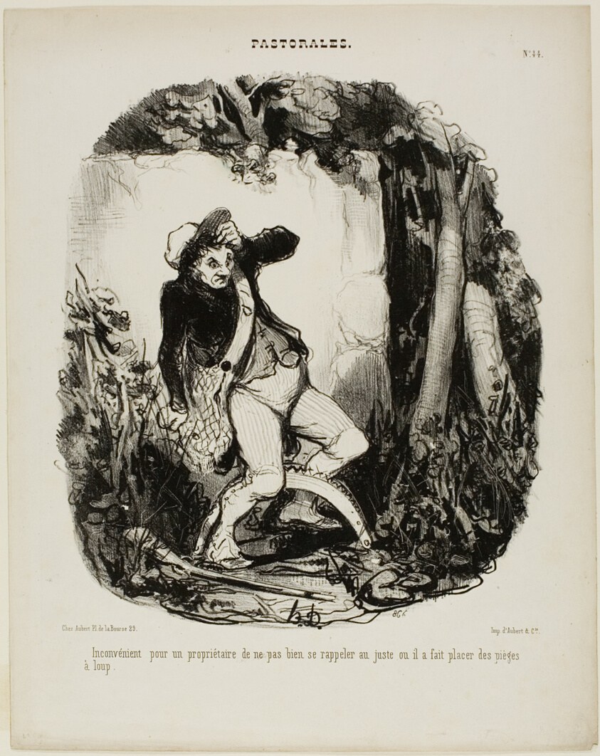 Quite embarrassing not to remember where one has hidden the wolf traps, plate 44 from Pastorales