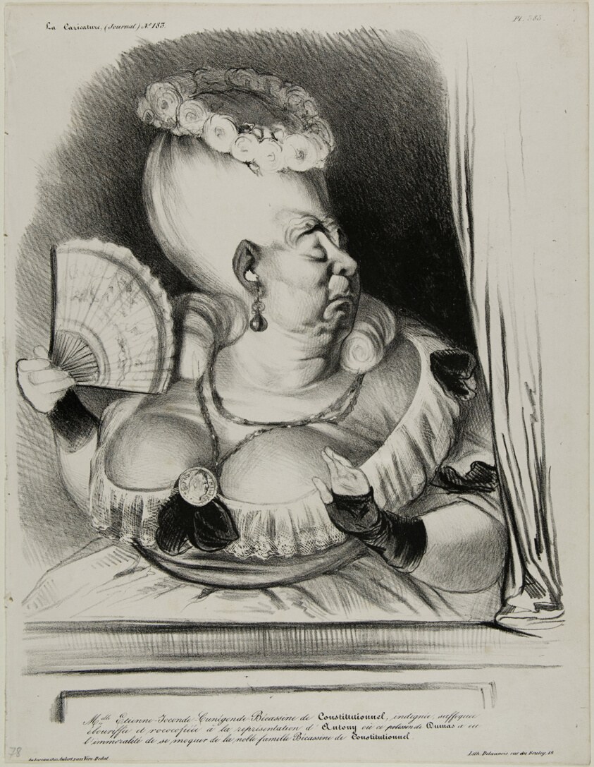 Miss Etienne-Mona-Lisa-Cunégonde-Silly Goose of the Constitutionnel, indignate, choking and over-ornate at the performance of Anthony in which the mischievous Dumas had the indecency of scoffing at the noble family Silly Goose of the Constitutionnel..., plate 385