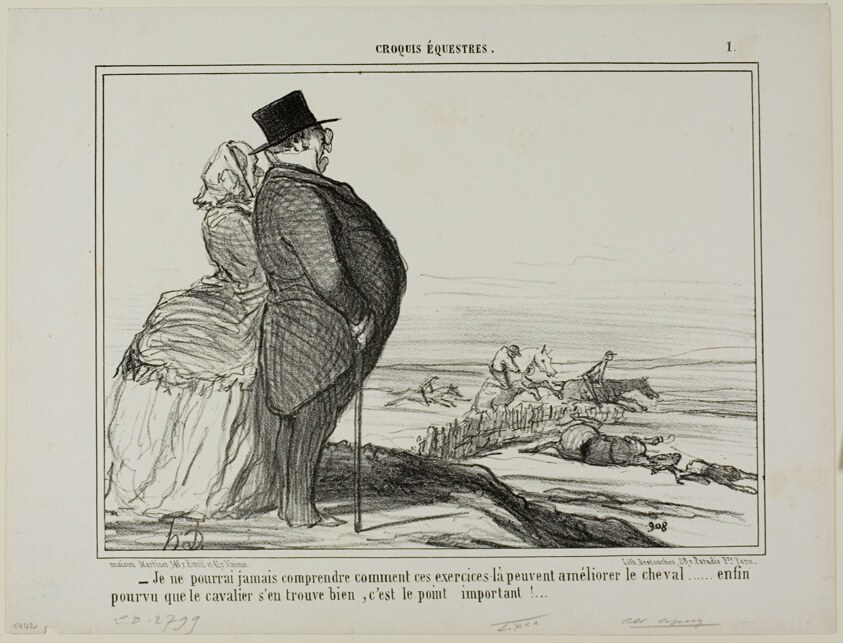“- I'll never understand, how these exercises are supposed to ameliorate the condition of a horse..... the only thing that really counts is that the horseman feels good,” plate 1 from Croquis Équestres