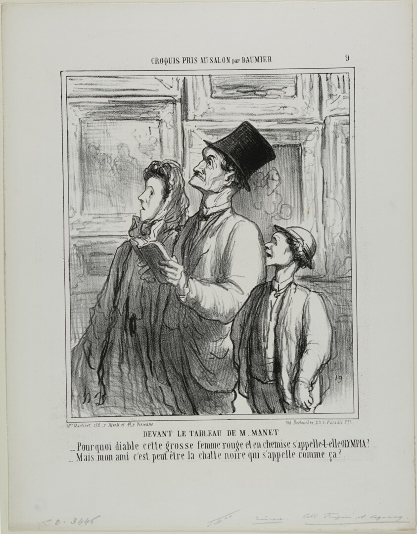 Looking at the Painting of Manet. “- Why the devil is this fat, red-faced woman in her nightdress called Olympia? - But my dear, perhaps that's the name of the black cat," plate 9 from Croquis Pris Au Salon par Daumier
