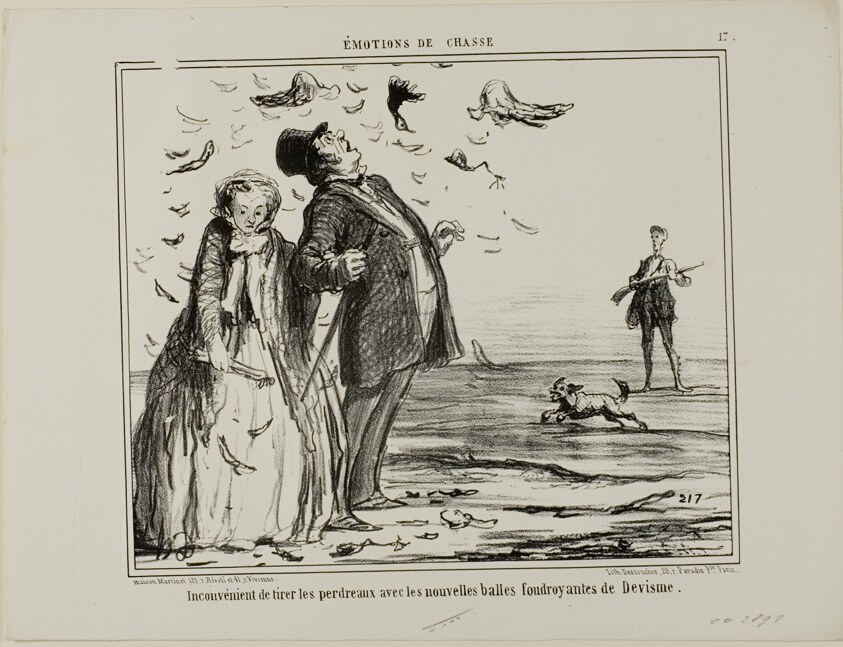 The disadvantage of shooting at young partridges with the new explosive bullets of Devisme, plate 17 from Émotions De Chasse