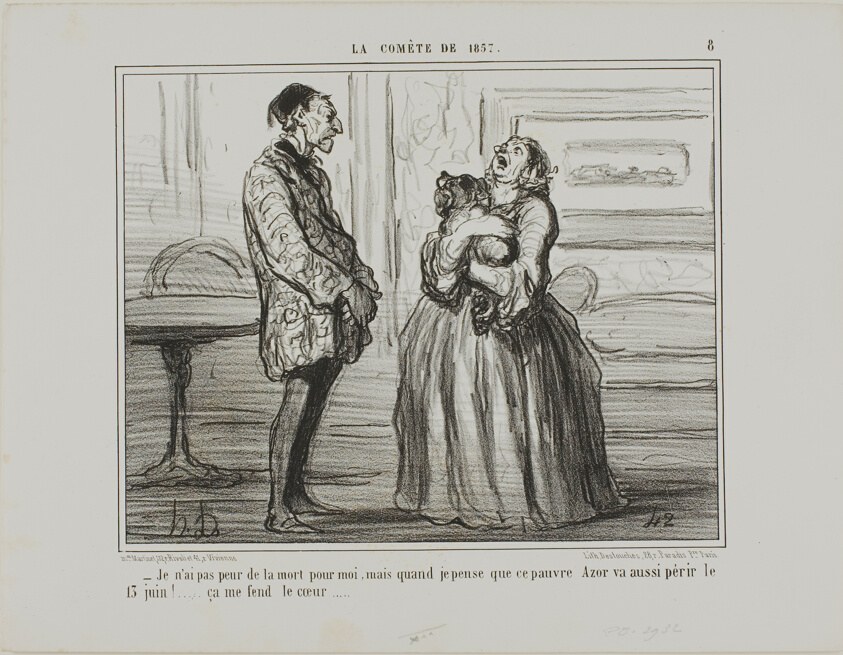 “- I am not afraid for me, but if I think of poor Azor who will perish on the 13th of June... it simply breaks my heart,” plate 8 from La Cométe De 1857