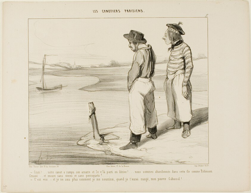 “- Our boat let go the anchor and has drifted away.... we're stuck on this lonely island like Robinson Crusoe... and without anything to eat and no parrot... - That's true.... and I really don't know what to eat, once I have devoured you, poor Cabassol!,” plate 5 from Les Canotiers Parisiens