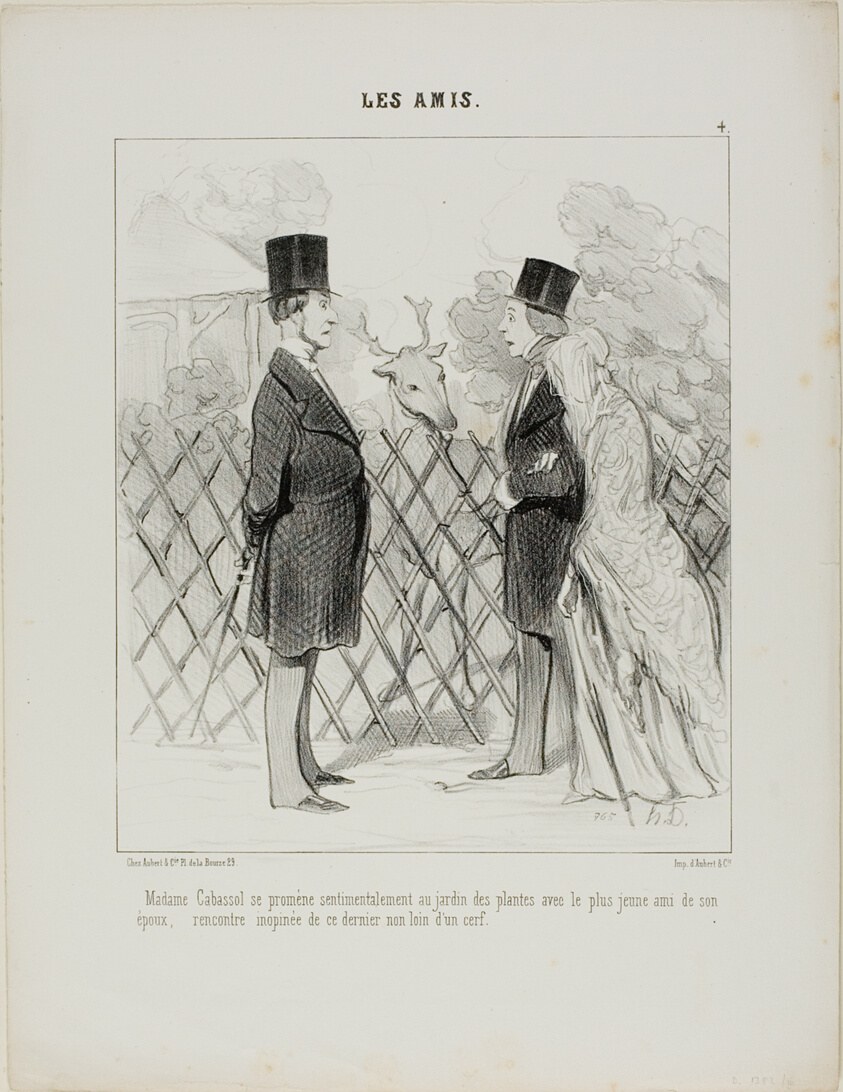 Madame Cabassol going for a romantic stroll in the botanical gardens together with the youngest friend of her husband's. Sudden encounter with the latter not far from a stag, plate 4 from Les Amis