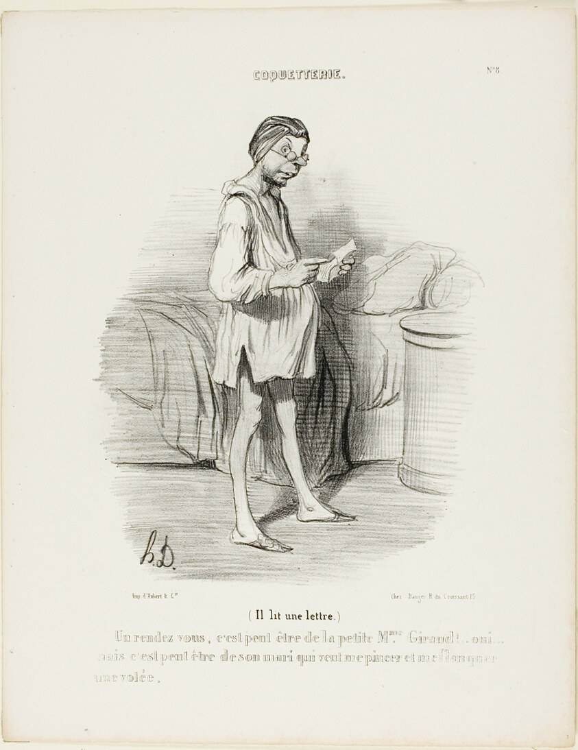 (He is reading a letter) “A date, could it be from the cute Mme Giraud?? Yes, but it could also come from her husband who wants to pinch me…,” plate 8 from Coquetterie