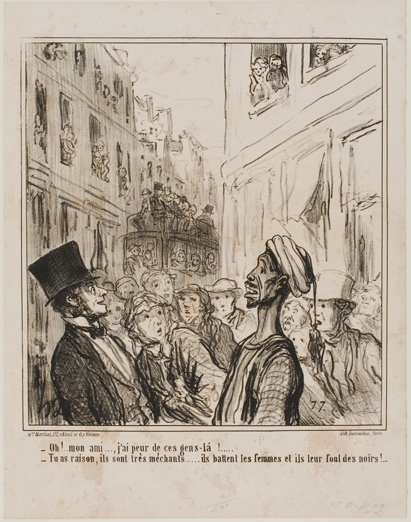 “- Oh, my friend... I am afraid of these people there. - And rightly so... they are quite vicious, they beat their women and make them have black children!,” plate 101 from Actualités