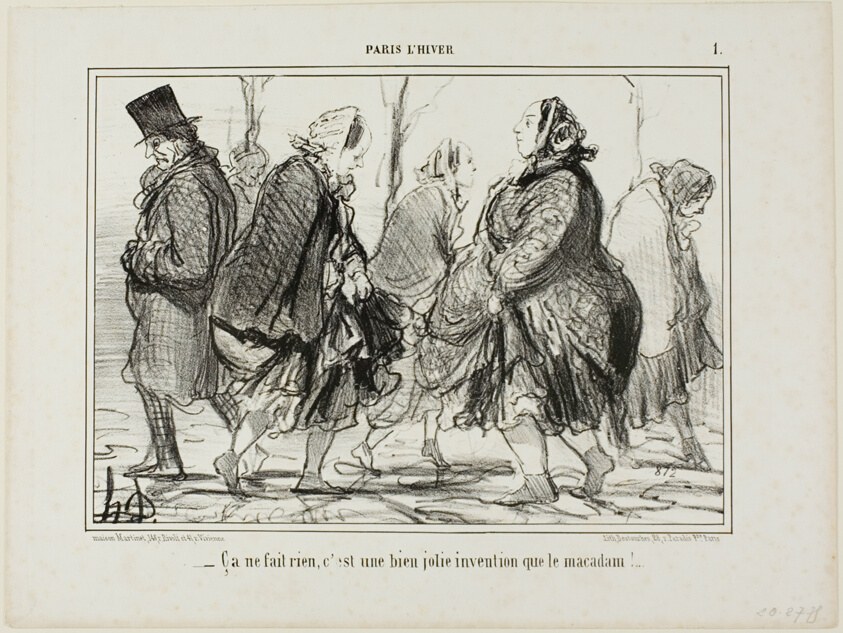 “- That's quite alright... isn't asphalt a marvellous invention?,” plate 1 from Paris L'hiver