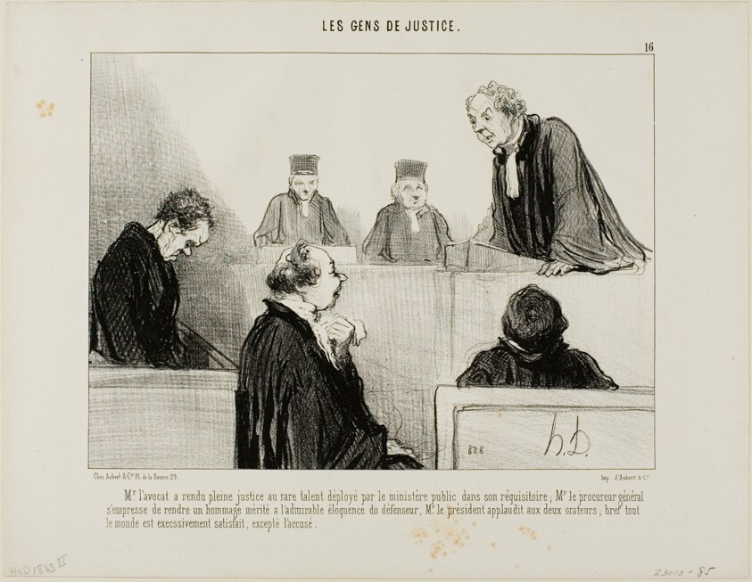 The defense compliments the talent of the prosecution, while the Attorney General admires the eloquence of the defense. The judge applauds both of them and everybody is satisfied, except he accused, plate 16 from Les Gens De Justice