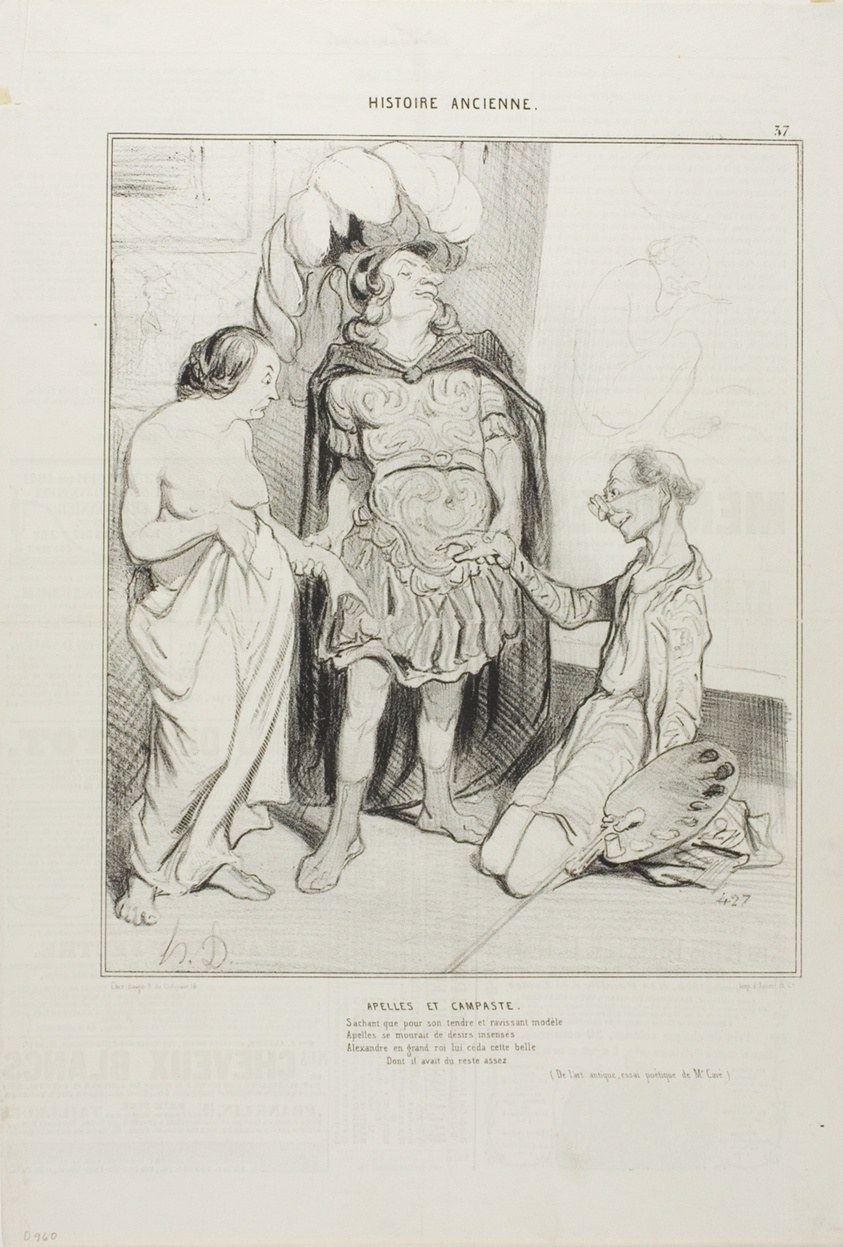 Apelles and Campaste. Aware that Apelles was wasting away with love Alexander gave him Campeste and above the first art deal ever now was struck girlfriend against sculpture, oh what luck! (From Art and the Antique, a poetic essay by M. Cavé), plate 36(37) from Histoire Ancienne
