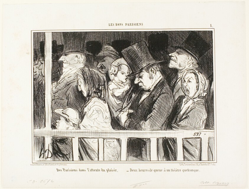 Parisians looking forward to some fun. Queuing up for two hours in front of any theater in town, plate 1 from Les Bons Parisiens