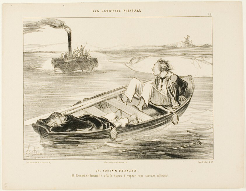 An Unpleasant Encounter. “Bernardel, Bernardel! Here comes the steamer... we will sink!,” plate 16 from Les Canotiers Parisiens