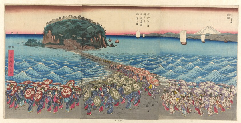 Crowd Visiting Benzaiten Shrine at Enoshima in Sagami Province (Soshu Enoshima Benzaiten kaicho sankei gunshu no zu)