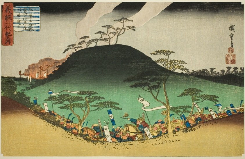 No. 3: Yoshitsune's Night Attack Against the Taira Army at the Battle of Mount Mikusa (Sankai, Mikusa gassen Yoshitsune Heijin batsu yoru utsu), from the series "The Life of Yoshitsune (Yoshitsune ichidaiki no uchi)"