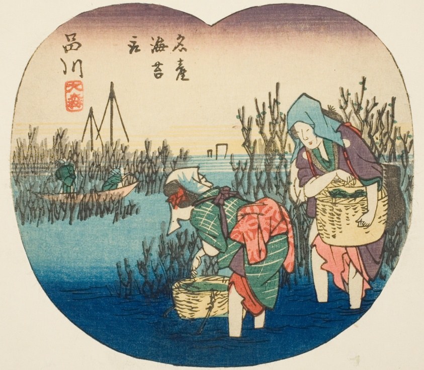 Gathering Seaweed at Omori in Shinagawa (Shinagawa, Omori, meisan nori tori), section of sheet no. 1 from the series "Cutout Pictures of the Tokaido Road (Tokaido harimaze zue)"