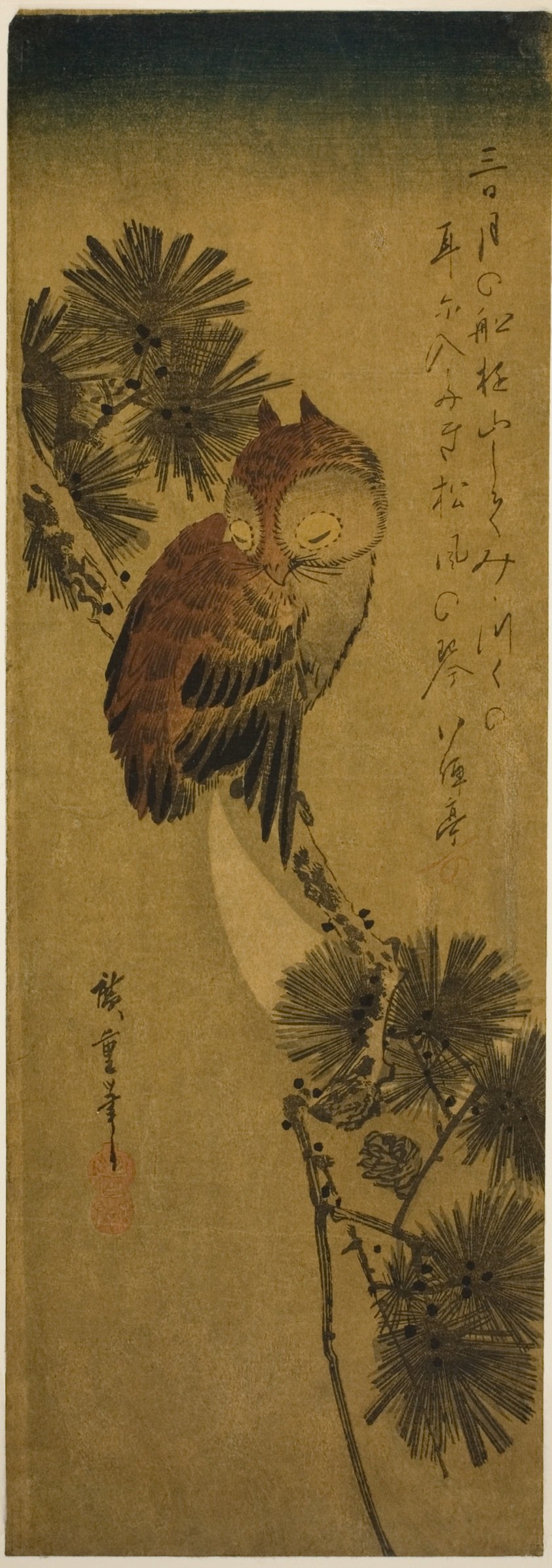 Small-horned owl, pine, and crescent moon