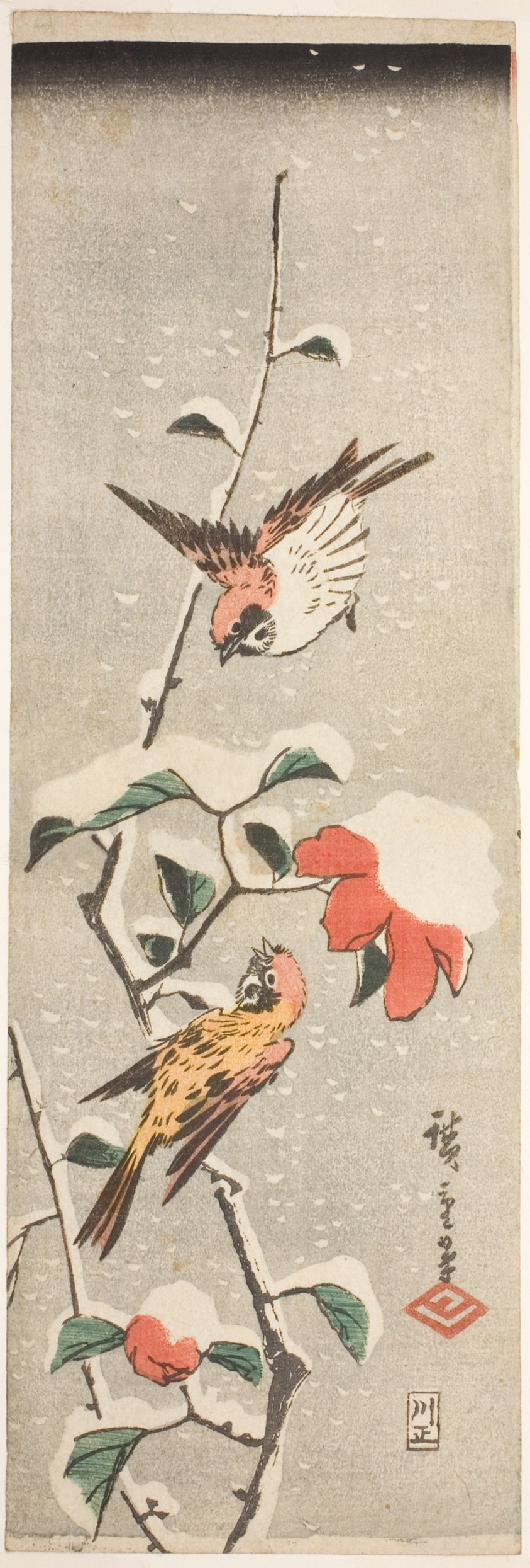 Sparrows and Camellia in Snow