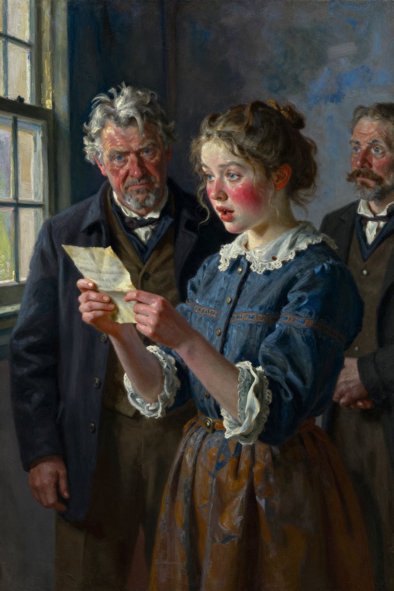 A young woman with rosy cheeks and lively gray-blue eyes returns to the room, her face flushed with excitement.