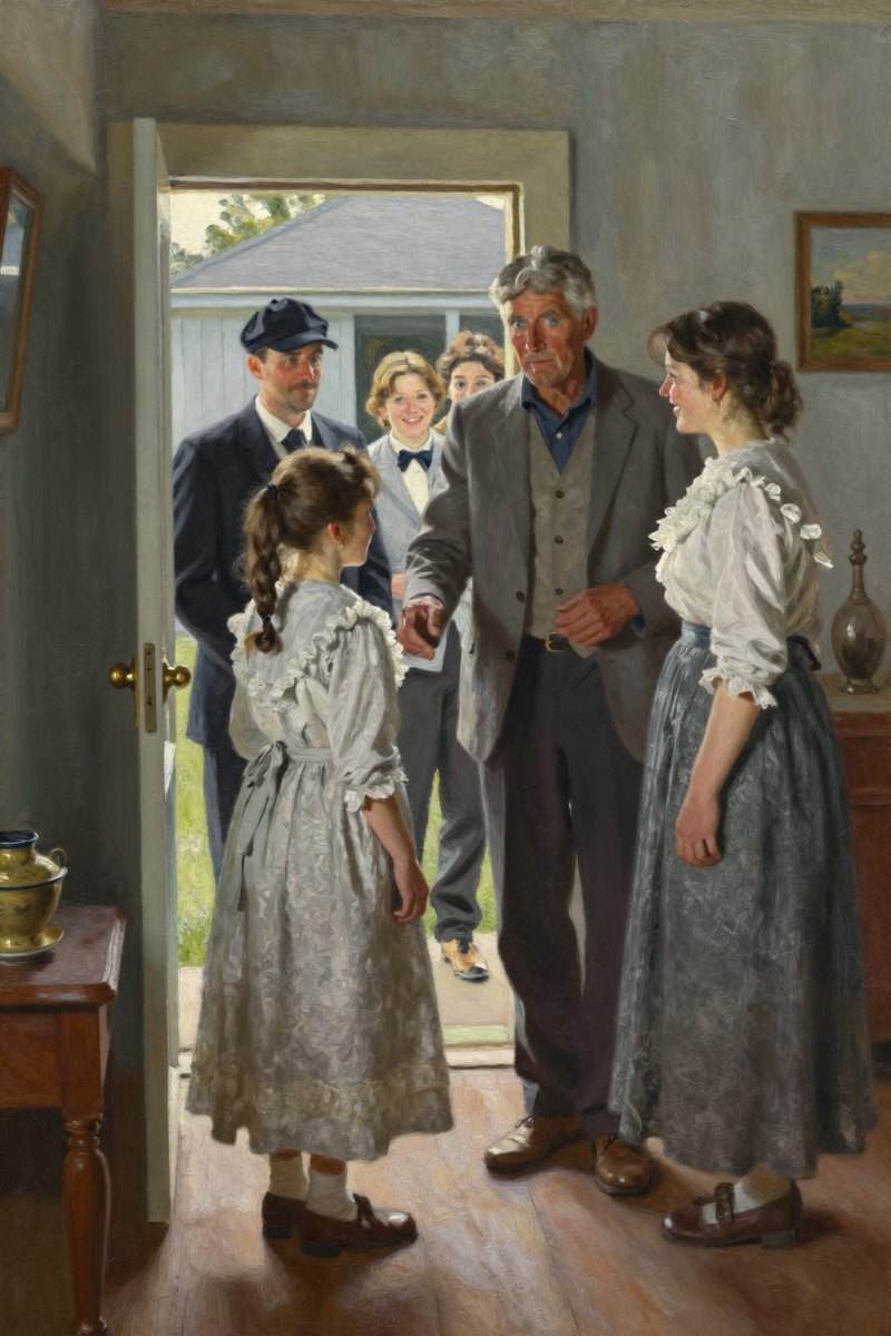 A low hum of conversation fills the open parlor as a procession moves through, the twins standing near the door.