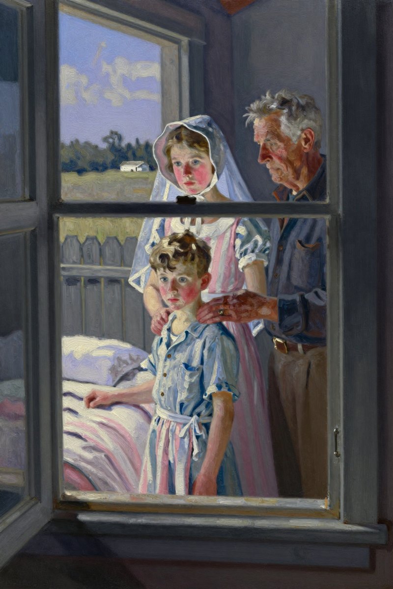 An elderly man, weathered face and gray hair framing a focused expression, stands at the window of his room.