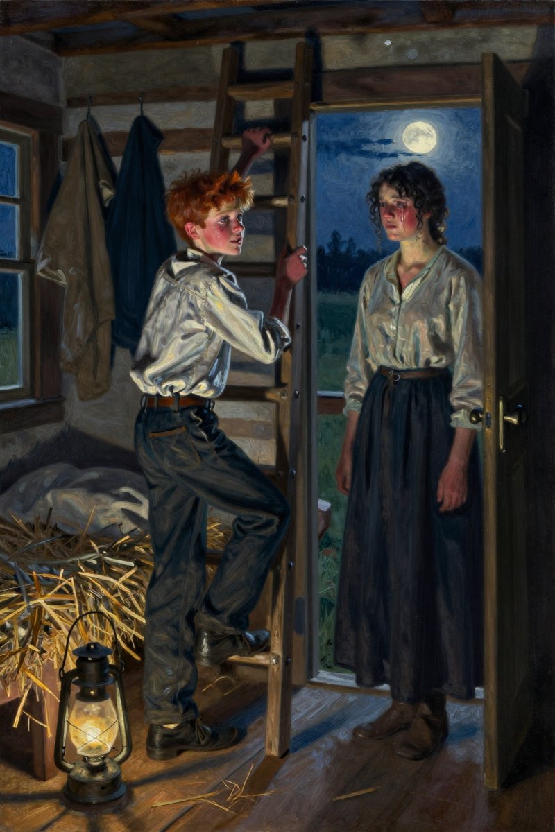 A thirteen-year-old boy, with wild chestnut hair, slight build, gray-blue eyes, rosy fair complexion, his face bright with delight, looking toward the other figure.