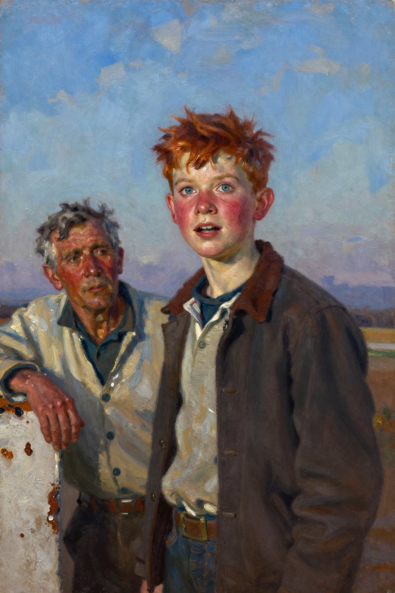 A thirteen-year-old boy, with wild chestnut hair, slight build, gray-blue eyes, rosy fair complexion, his face bright with delight, looking away from the viewer.