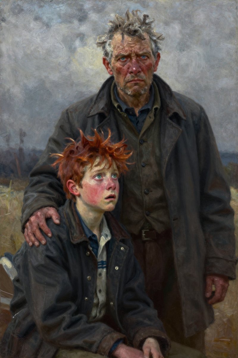 A thirteen-year-old boy, with wild chestnut hair, slight build, gray-blue eyes, rosy fair complexion, his face lit with mischief, looking into the distance.