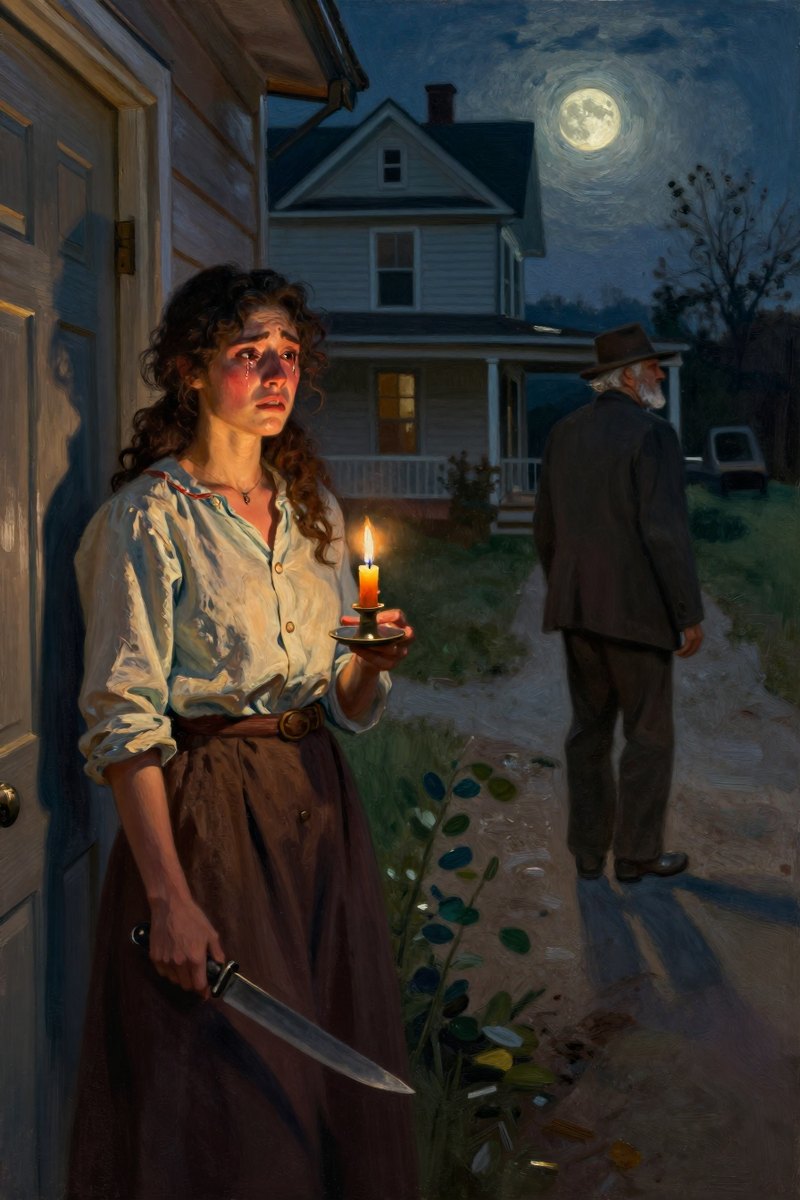 Roxy, a young woman with a flushed face and curly black hair, stands hesitantly by the back door of an old house.
