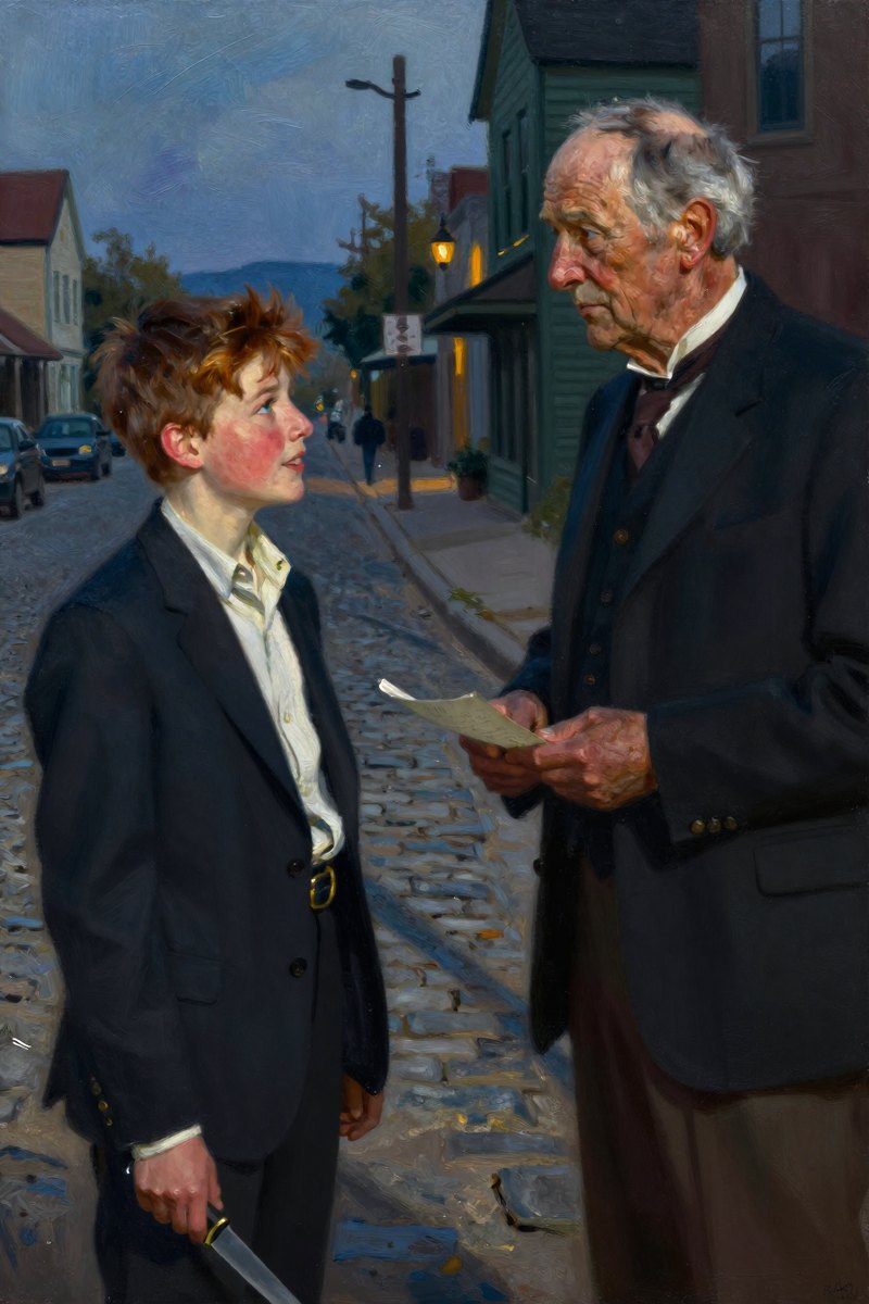 A thirteen-year-old boy, with wild chestnut hair, slight build, gray-blue eyes, rosy fair complexion, his face bright with delight, looking toward the other figure.